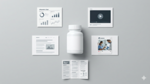 A flat lay arrangement of pharmaceutical marketing and medical content assets surrounding a white medicine bottle in the center, including an infographic chart with bar and pie charts, a video player thumbnail, a text article layout with an image placeholder, a social media post showing two healthcare professionals in scrubs and masks, and an open trifold brochure with text and a flowchart diagram. All items are displayed on a light gray background.